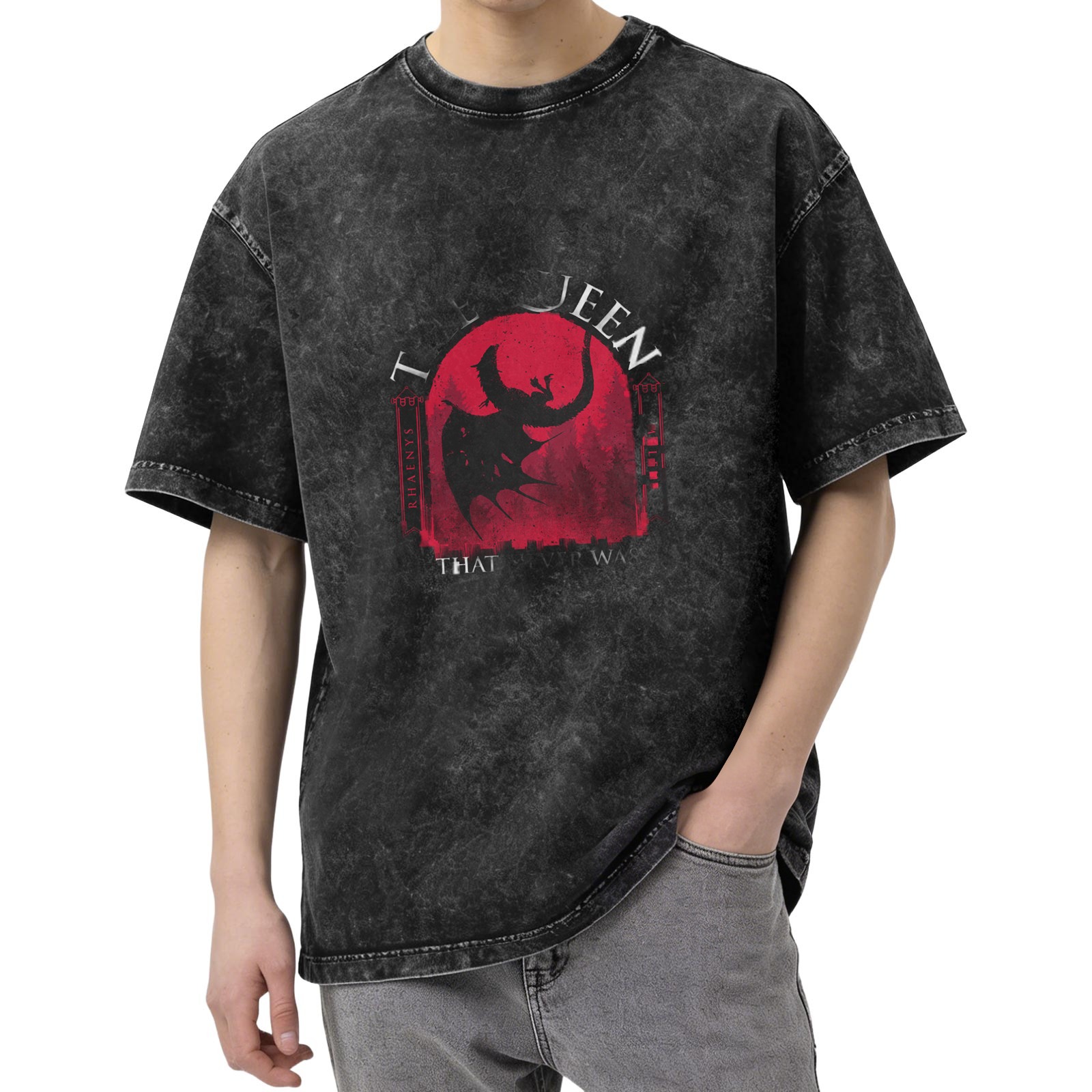 Washed Black Graphic T-Shirt With Dragon And Queen Text Print