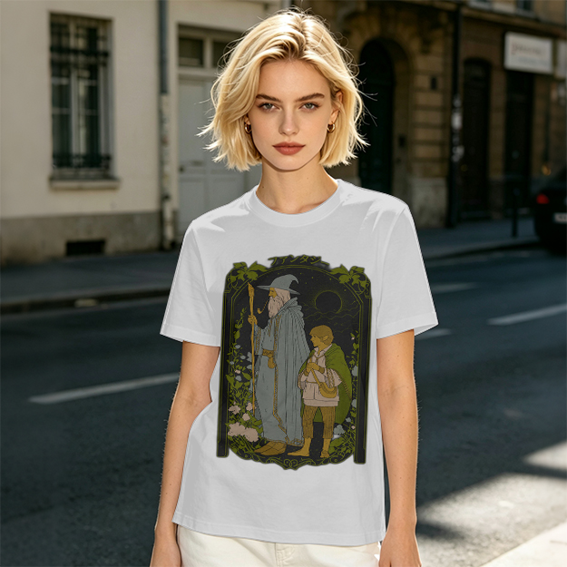 Olive T-Shirt with Wizard and Hobbit Fantasy Art Print