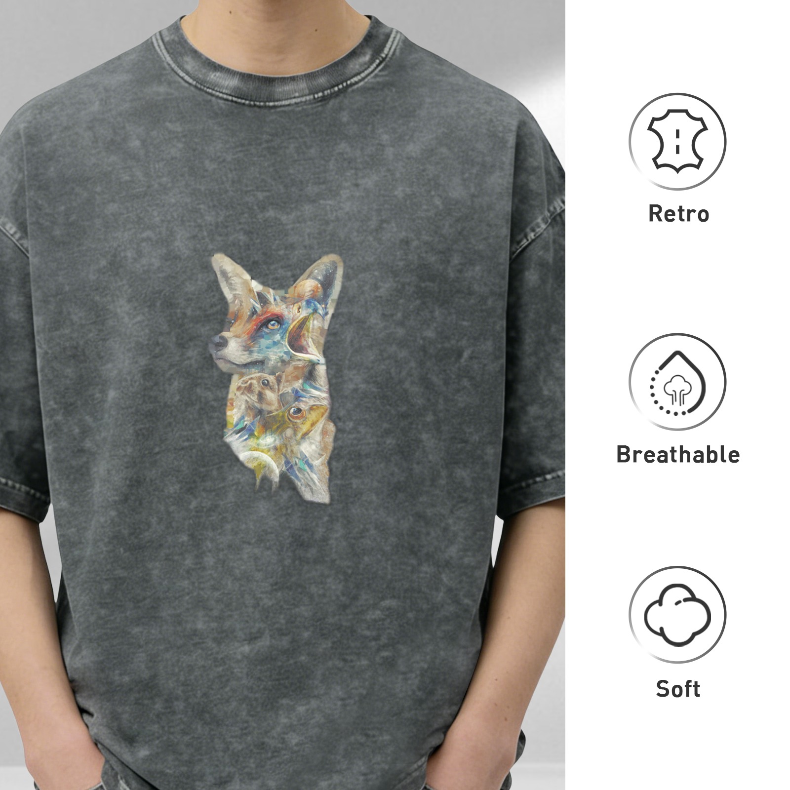 Washed Black Oversized T-Shirt With Abstract Fox Art Print