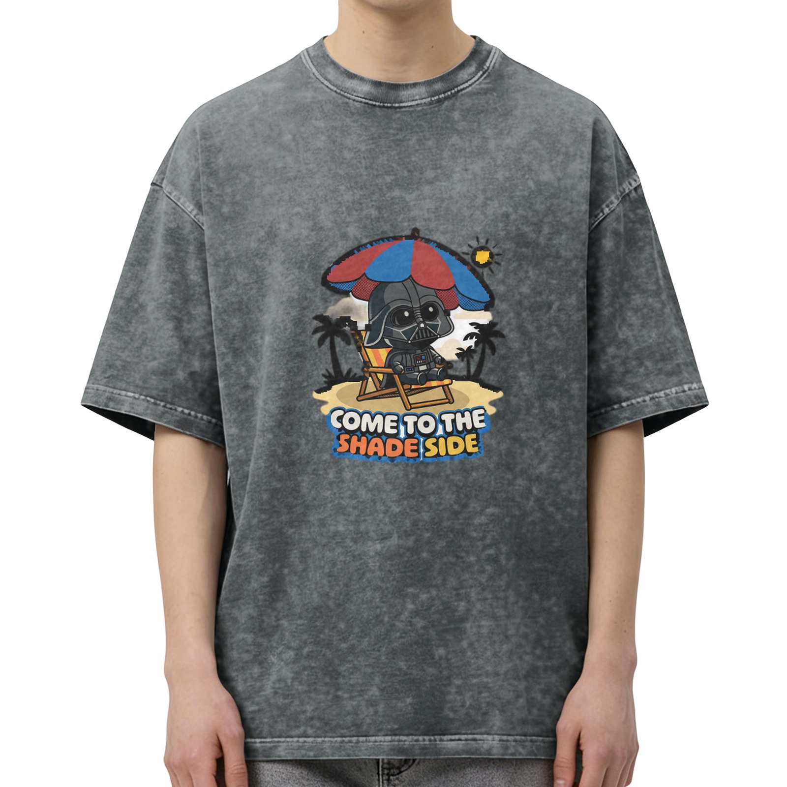 Washed Black T-Shirt with Cute Darth Vader Beach Shade Side Graphic