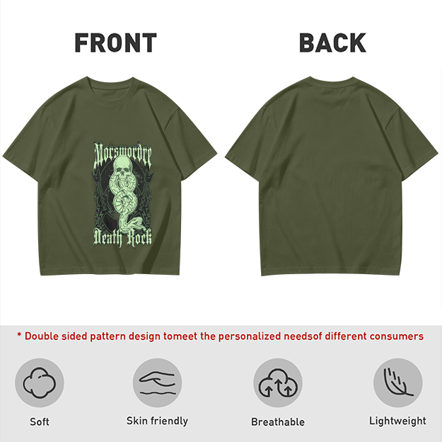 Olive graphic t-shirt with skull snake death rock design