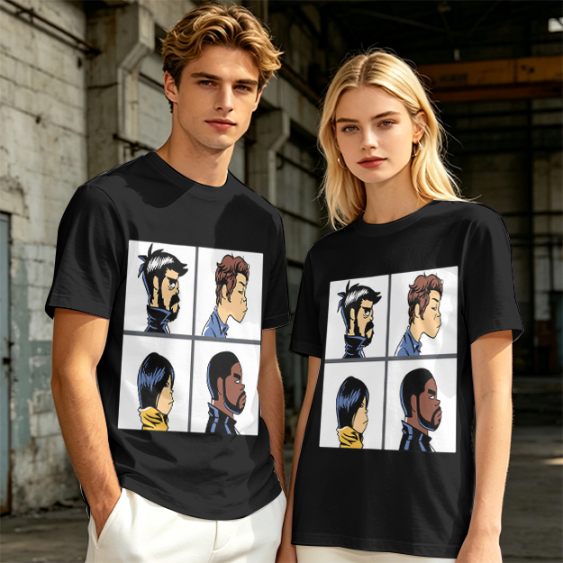 Olive T-Shirt With Four Cartoon Character Profile Portraits
