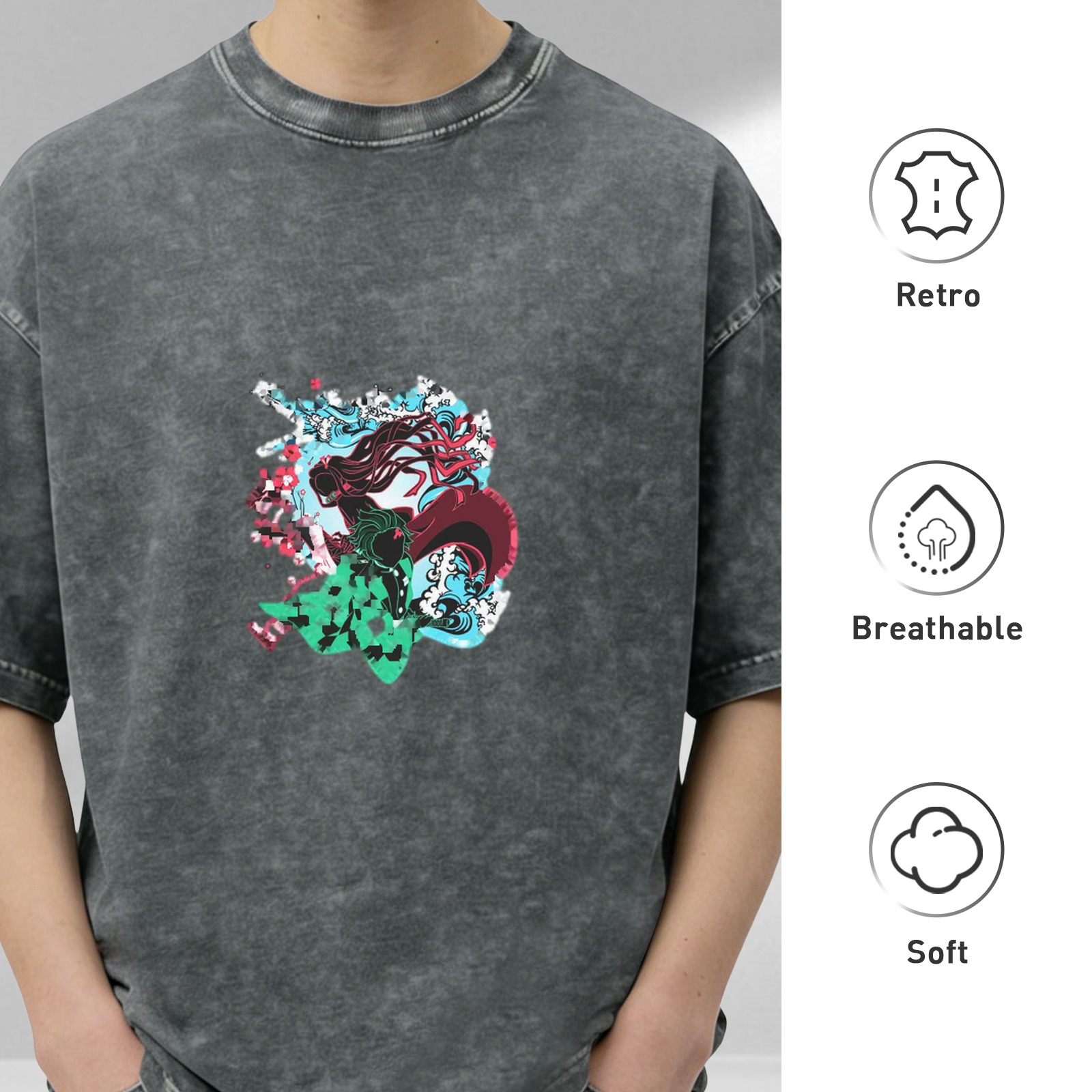 Oversized Vintage Wash Graphic T-Shirt with Anime Demon Slayer Character Print, Black Acid Wash Tee