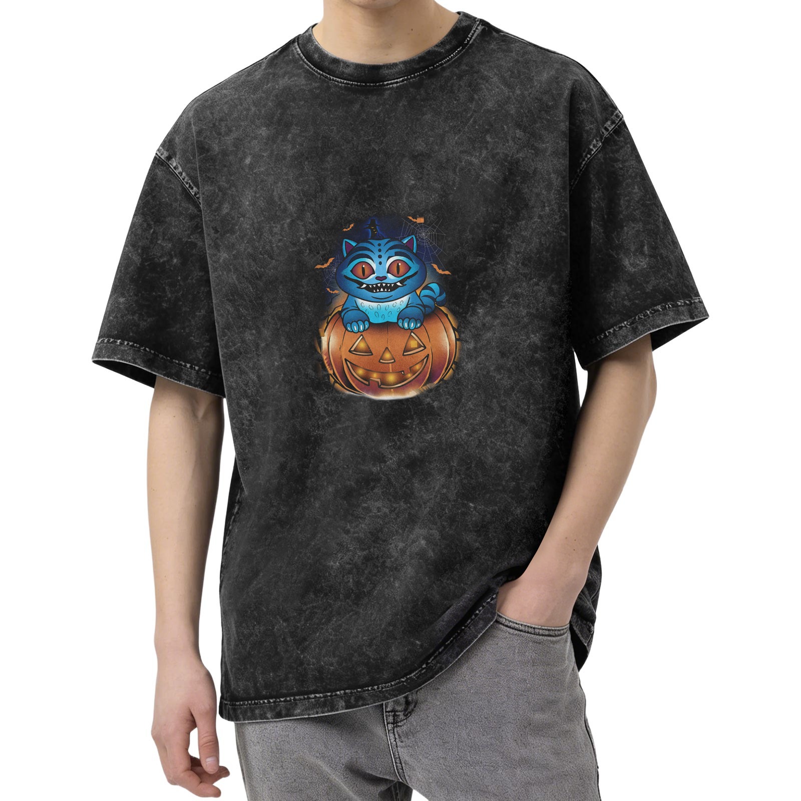 Oversized Dark Wash T-Shirt With Cheshire Cat Jack-O'-Lantern Graphic