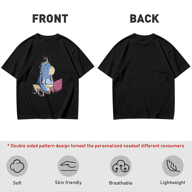 Olive T-Shirt Featuring Eeyore Using a Laptop