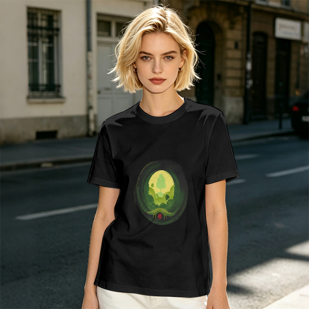 Olive Green T-Shirt with Hobbit Hole Landscape Art Print