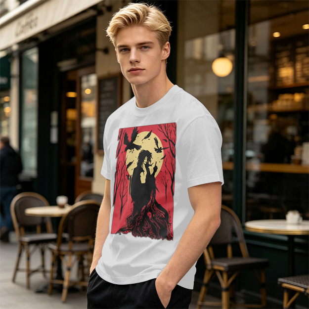 Olive T-Shirt With Gothic Crow And Moon Graphic Print