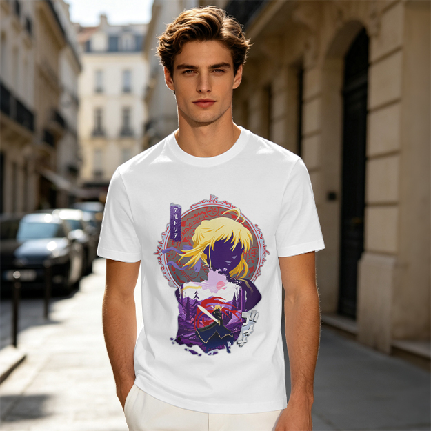 Olive green anime graphic t-shirt with Saber character print