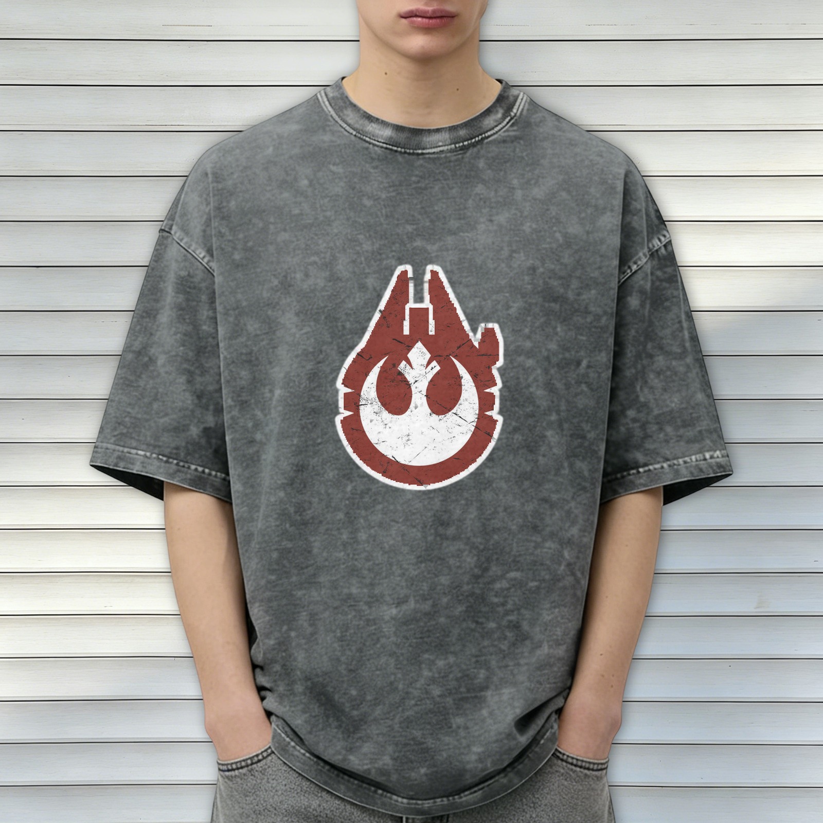 Star Wars Rebel Millennium Falcon Distressed Black Acid Wash T-Shirt