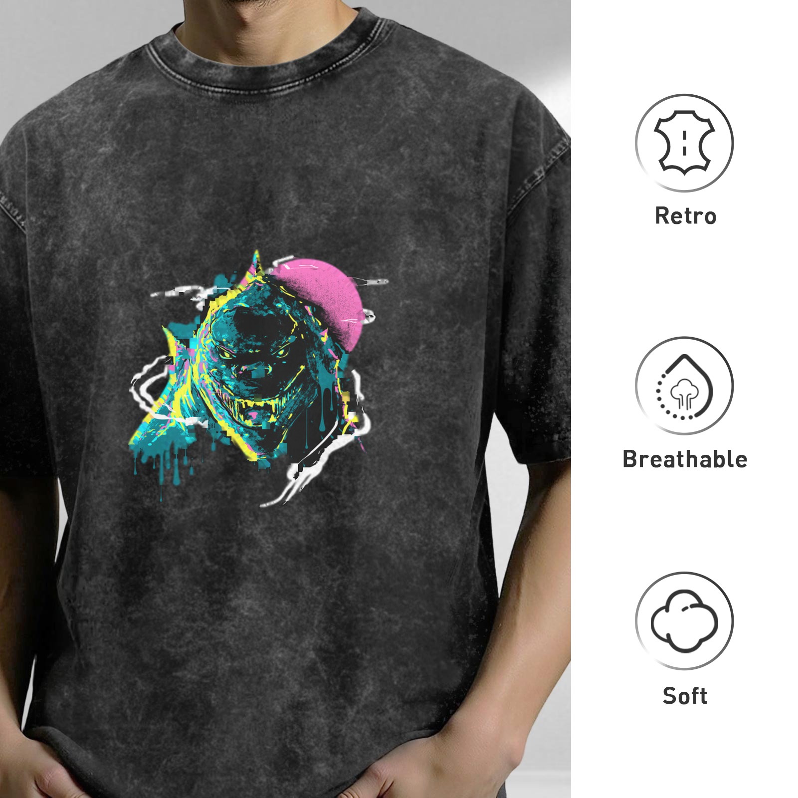 Oversized Acid Wash T-Shirt With Neon Monster Graphic Print