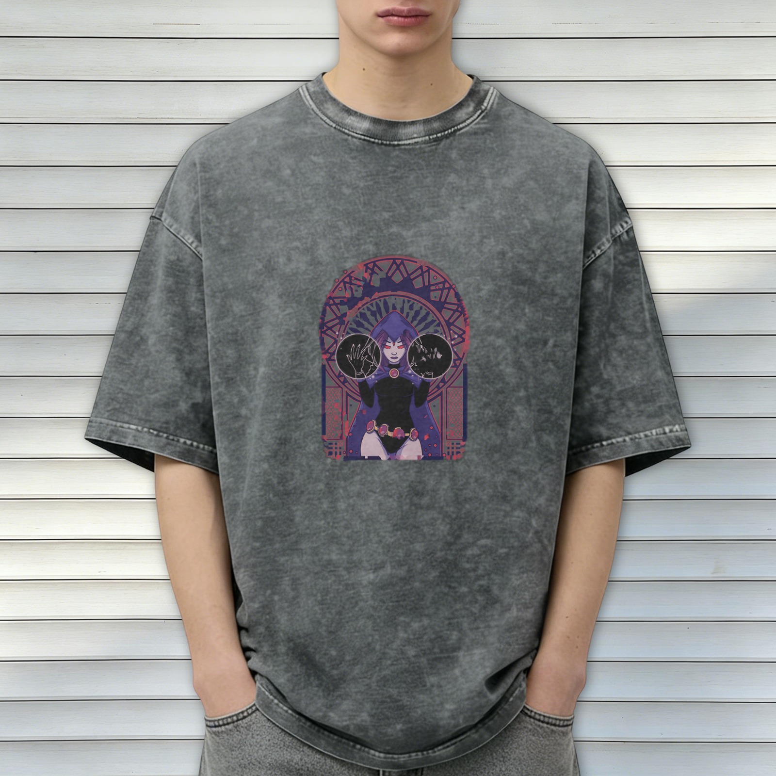 Distressed washed black loose short-sleeved T-shirt Anime character print on the chest Casual crew neck top