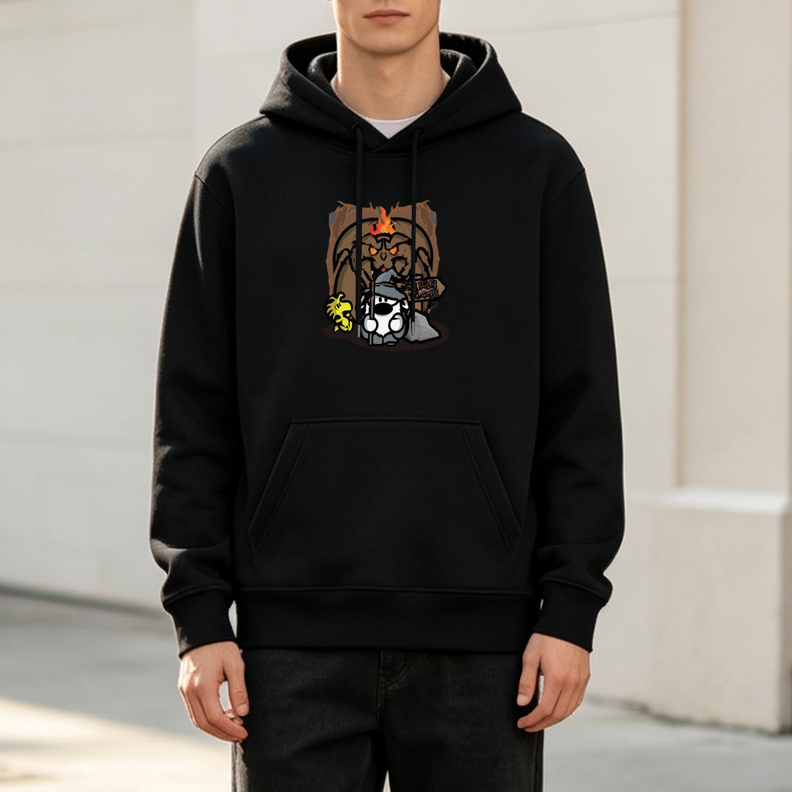 Black hoodie with Snoopy wizard and dragon fantasy graphic