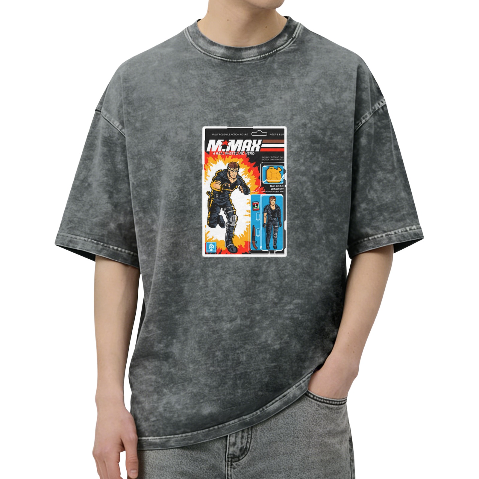 Washed Black T-Shirt with Retro Mr. Max Action Figure Graphic