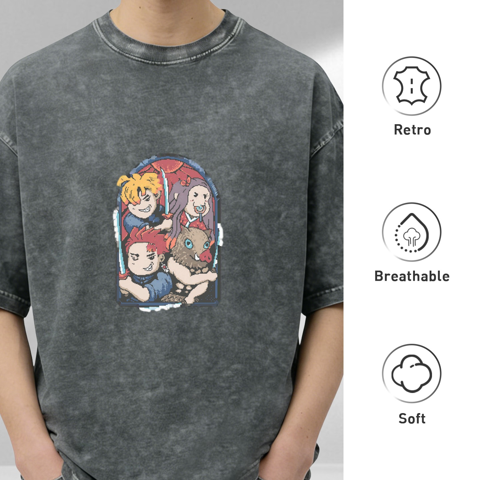 Oversized Dark Wash T-Shirt With Anime Demon Slayer Style Characters Print
