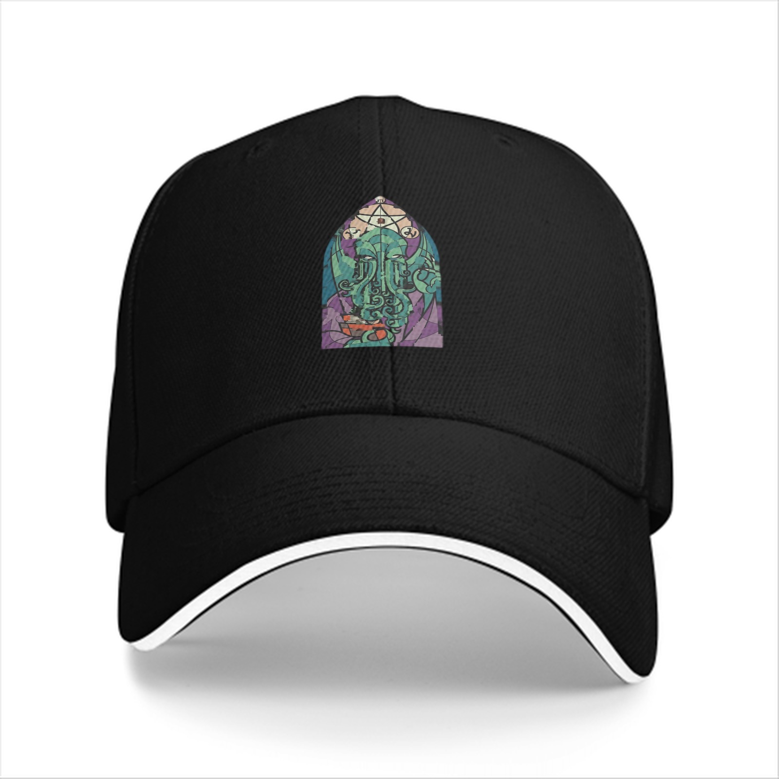 Black Baseball Cap with Cthulhu Stained Glass Style Graphic