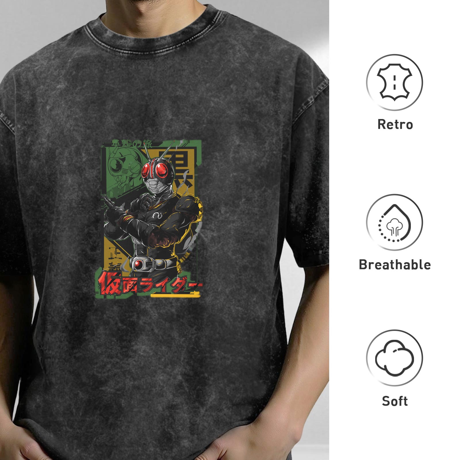 Kamen Rider Graphic Vintage Wash Black Cotton T-Shirt