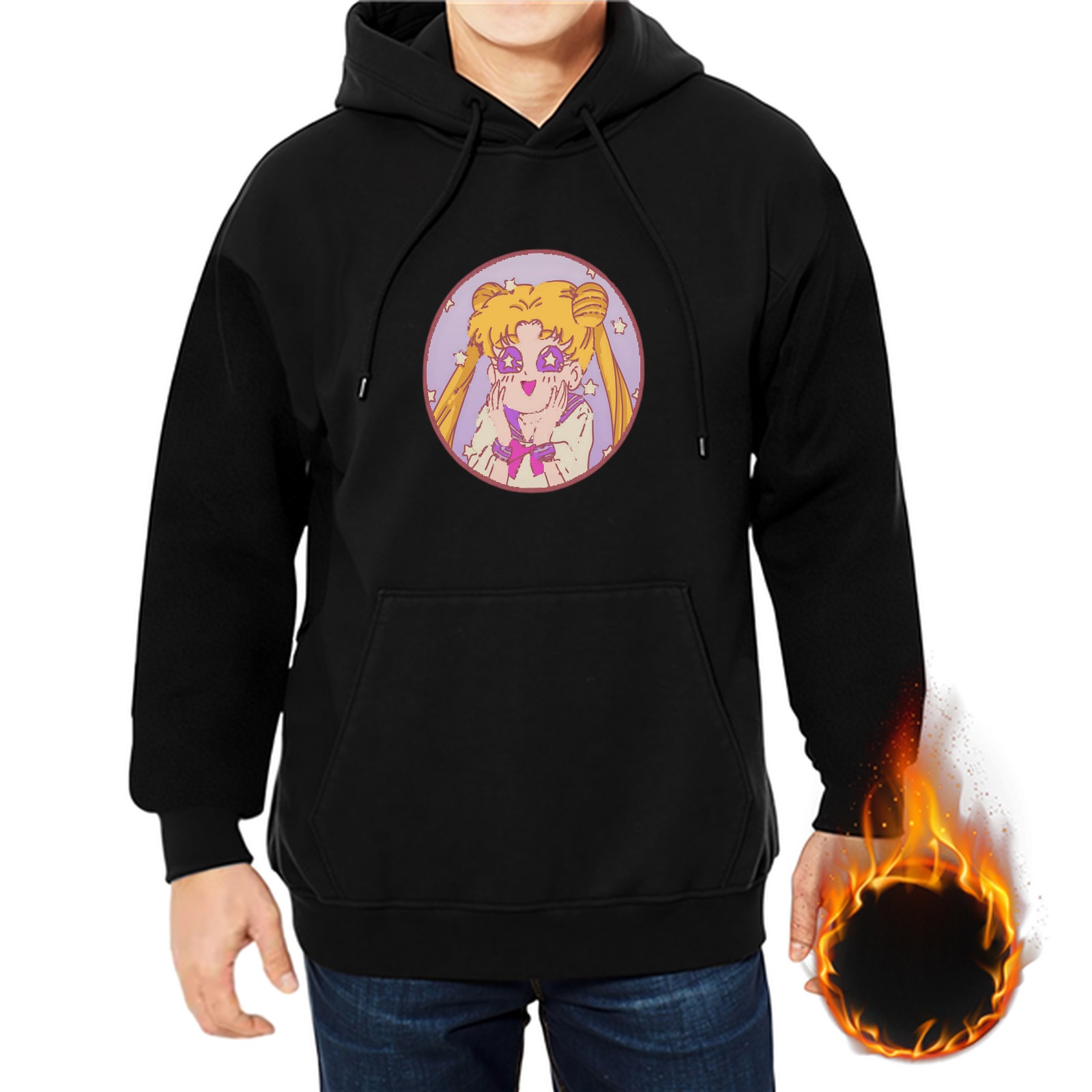 Black Hoodie With Cute Sailor Moon Graphic Print