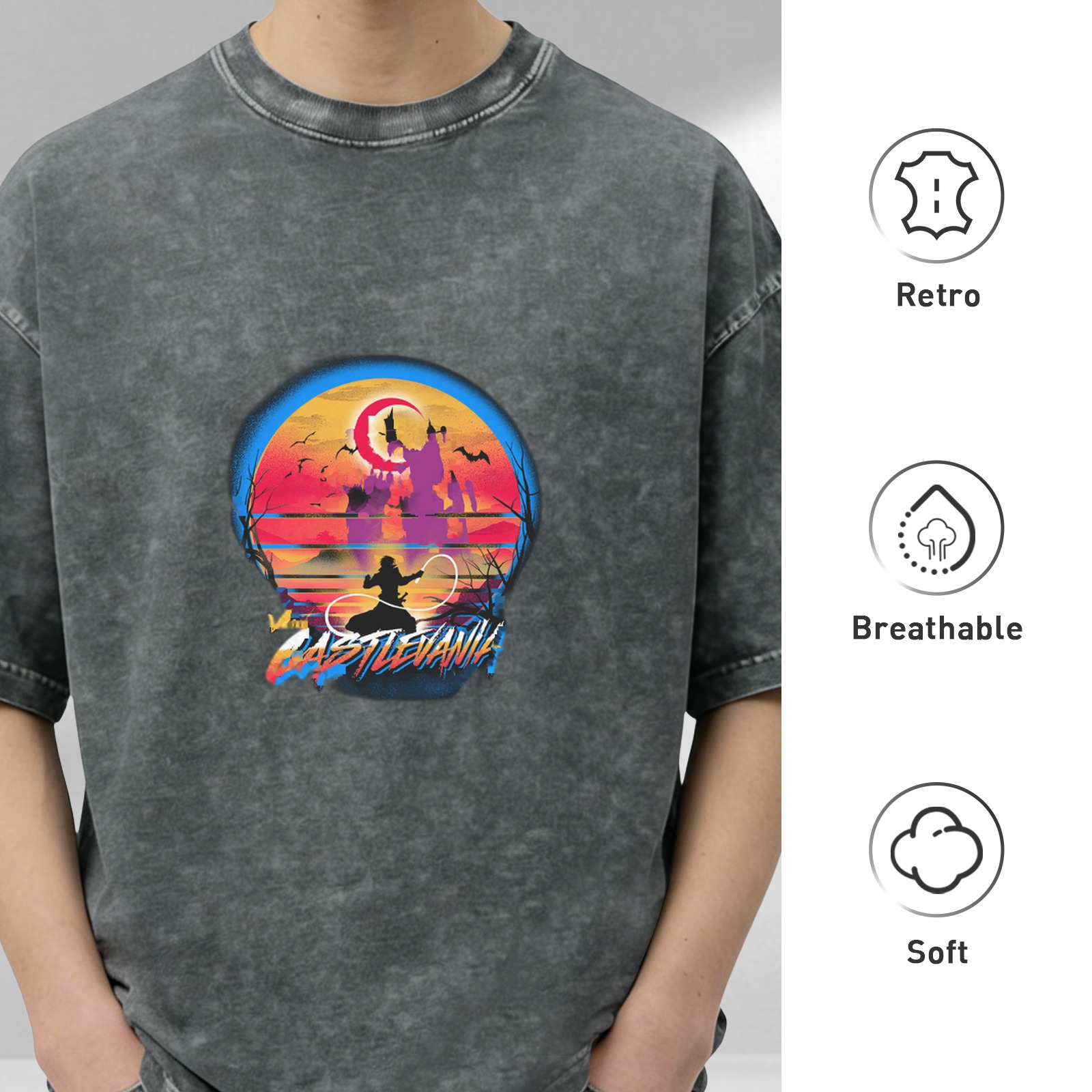 Retro Castlevania Graphic Oversized Acid Wash T-Shirt