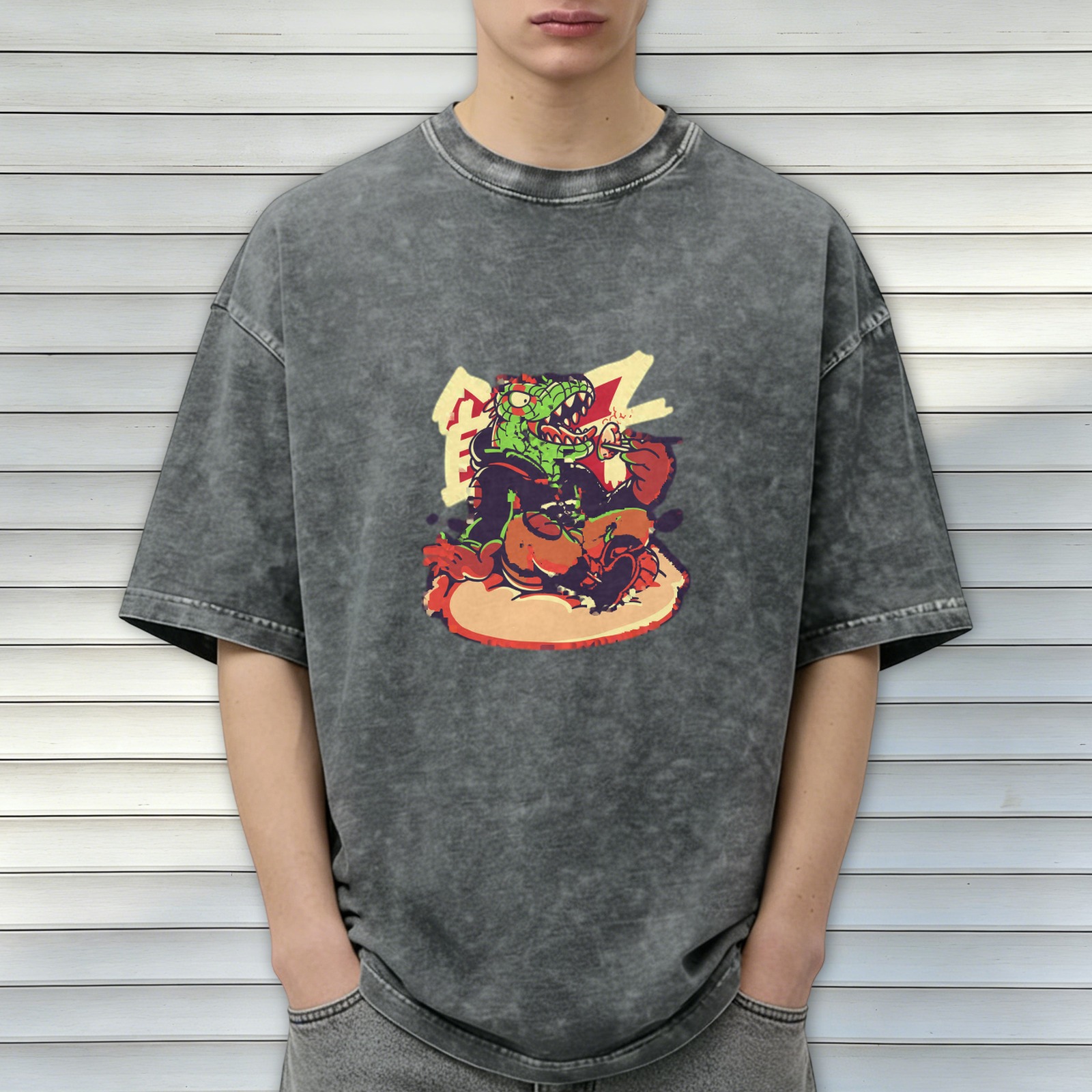 Oversized Acid Wash T-Shirt With Cartoon Crocodile Eating Burger Graphic