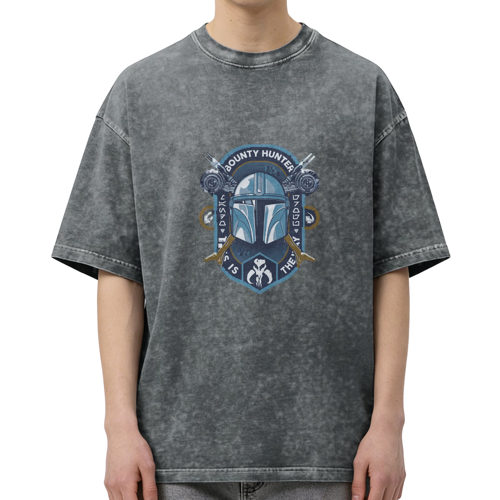 Washed Black T-Shirt With Mandalorian Bounty Hunter Crest Print