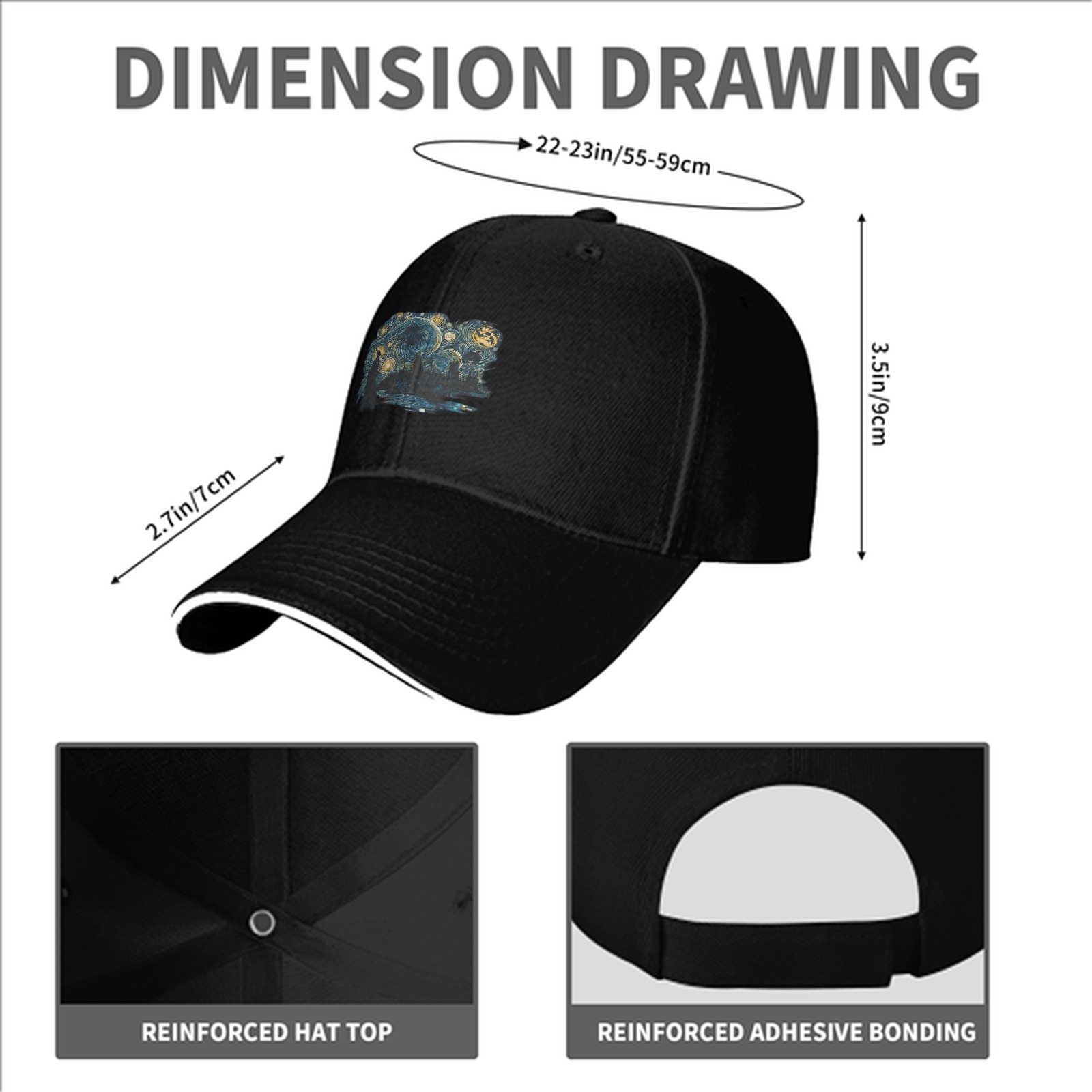 Black baseball cap with Starry Night inspired artistic print