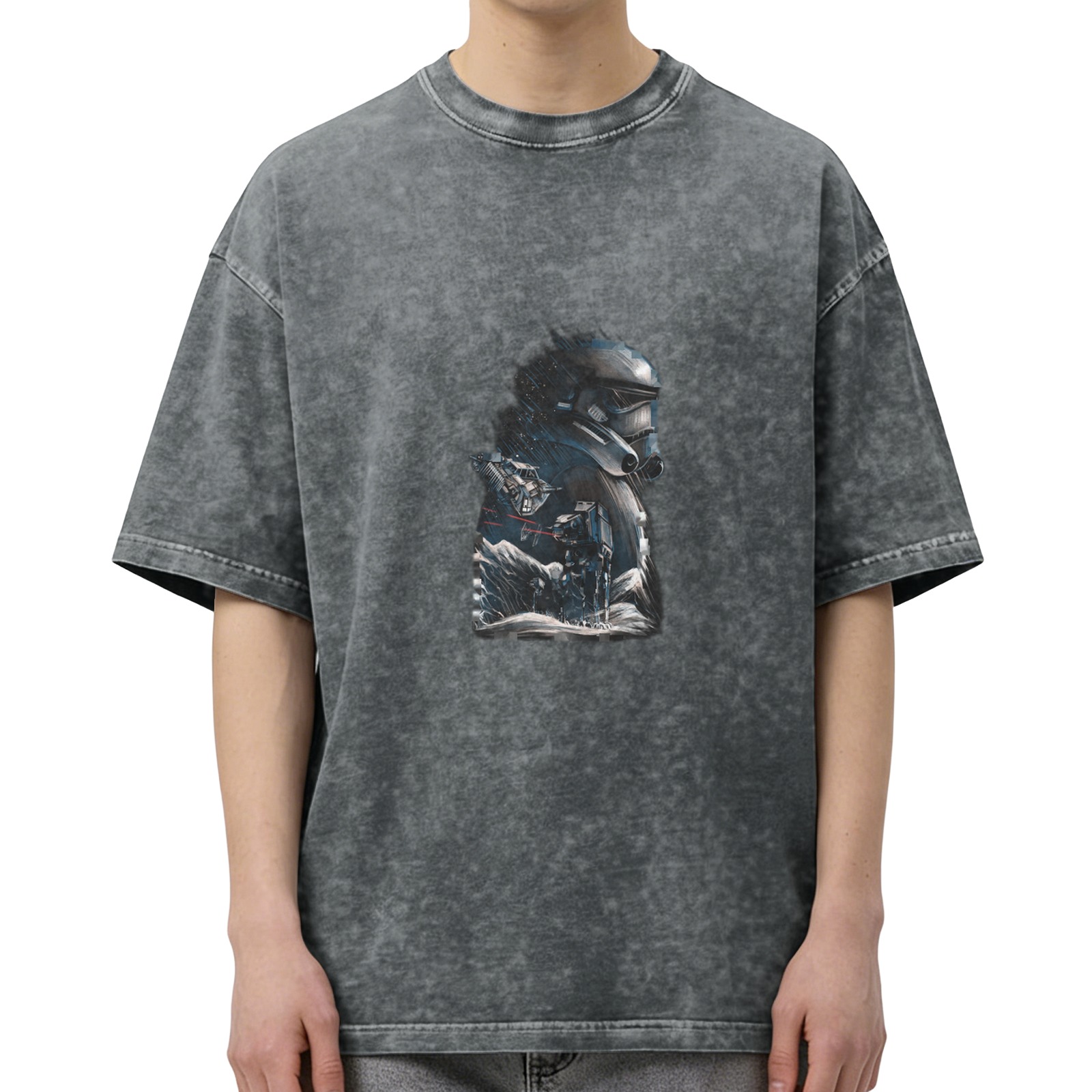 Washed Black Graphic T-Shirt with Sci-Fi Trooper Battle Art
