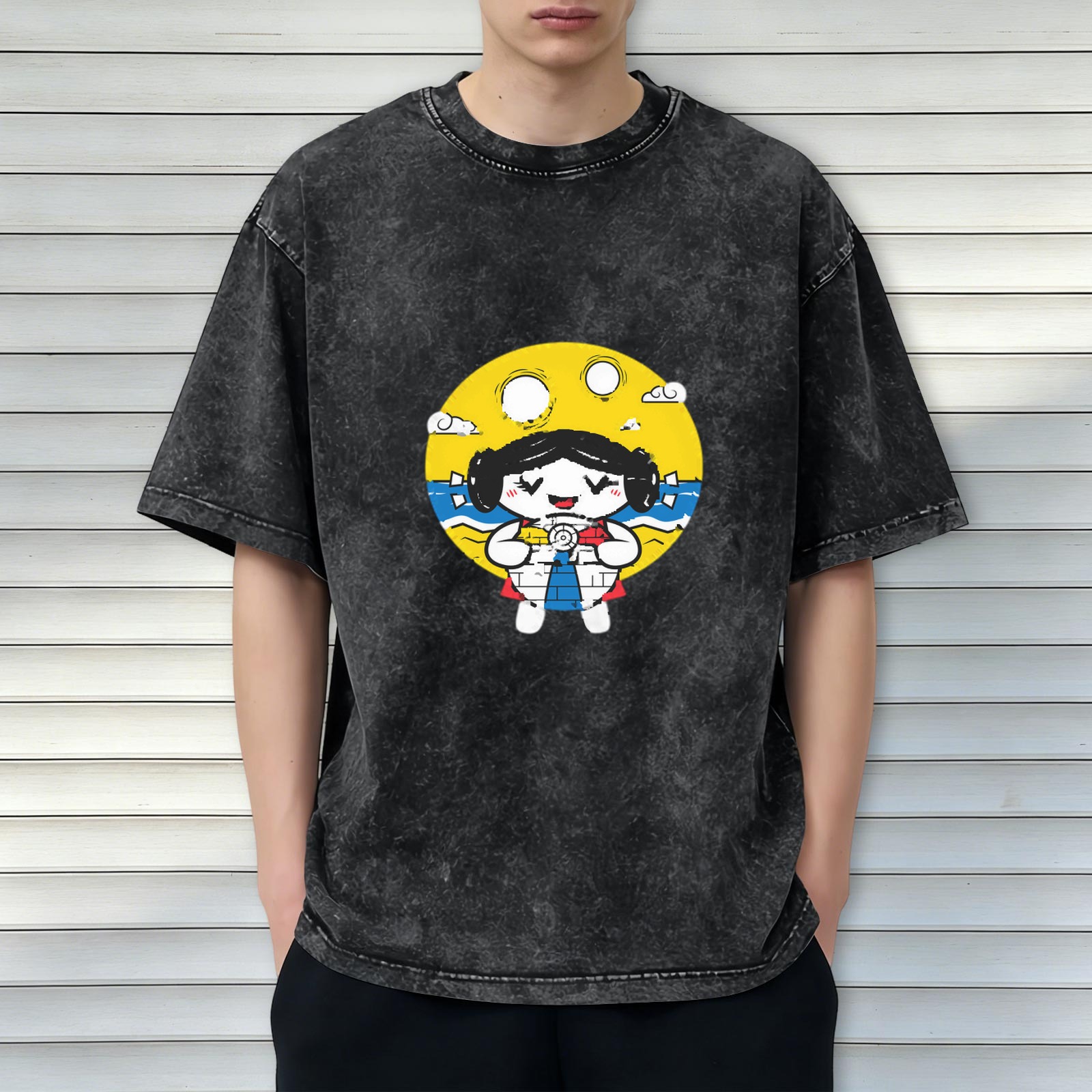 Washed Black T-Shirt With Cute Beach Girl Graphic Print