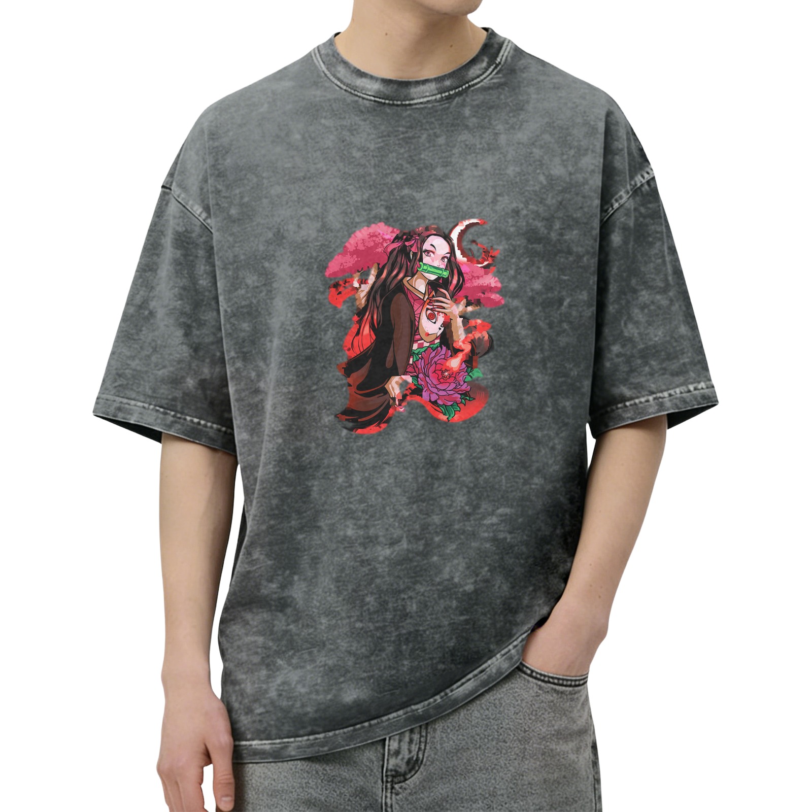 Anime Demon Slayer Nezuko Kamado Graphic Oversized Vintage Wash T-Shirt for Men