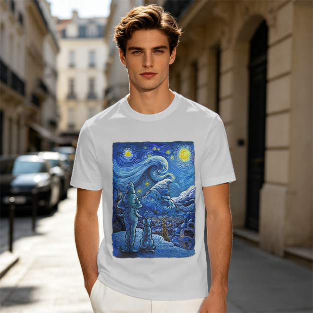 Olive T-Shirt with Starry Night Alien Landscape Art Print