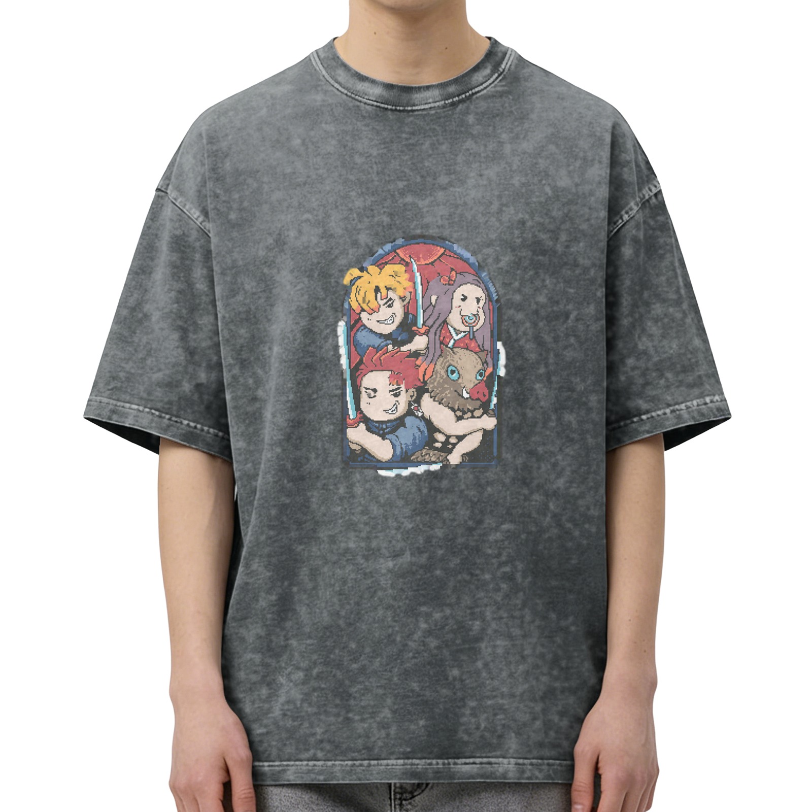 Oversized Dark Wash T-Shirt With Anime Demon Slayer Style Characters Print