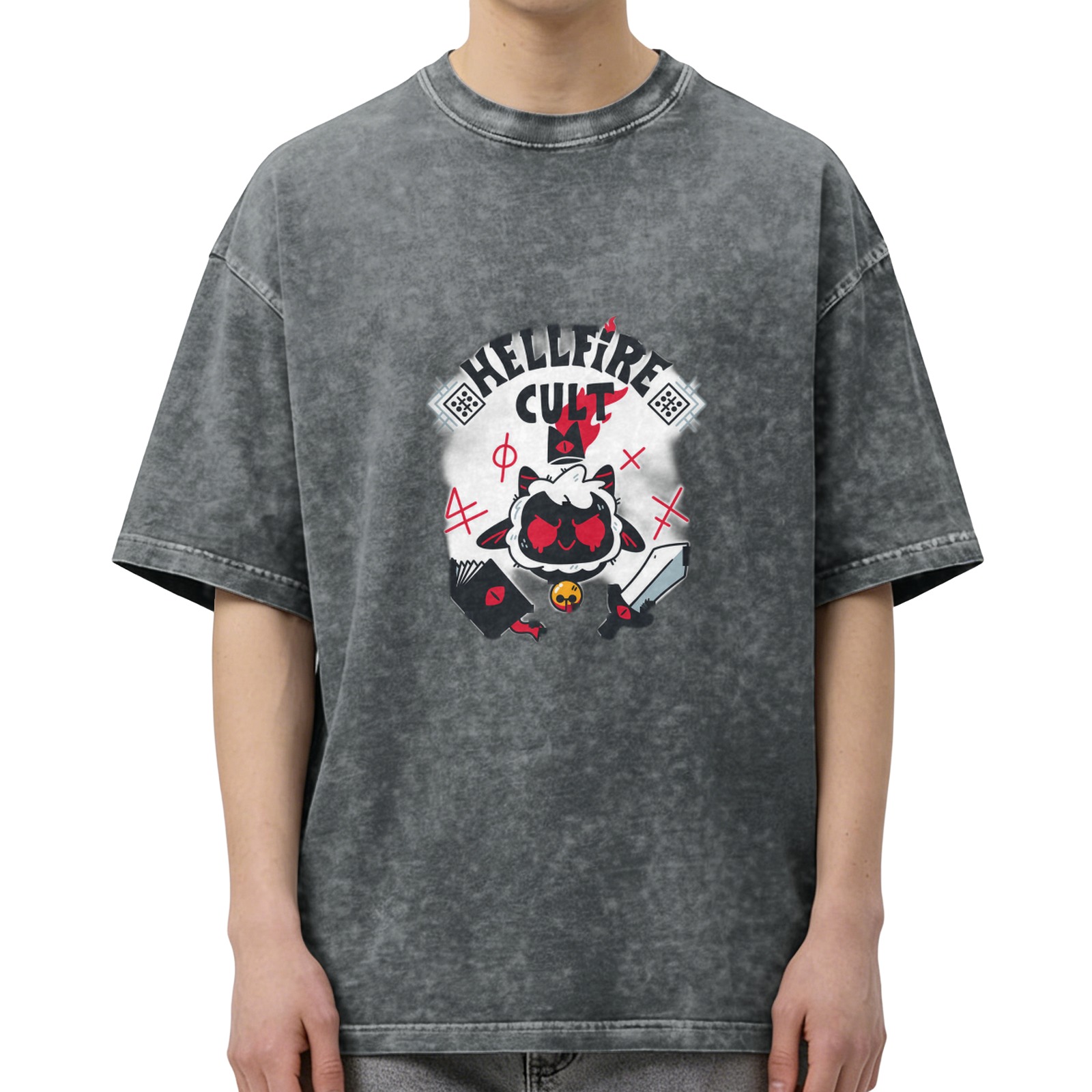 Distressed black HELLFIRE CULT cartoon lamb print loose short-sleeved T-shirt