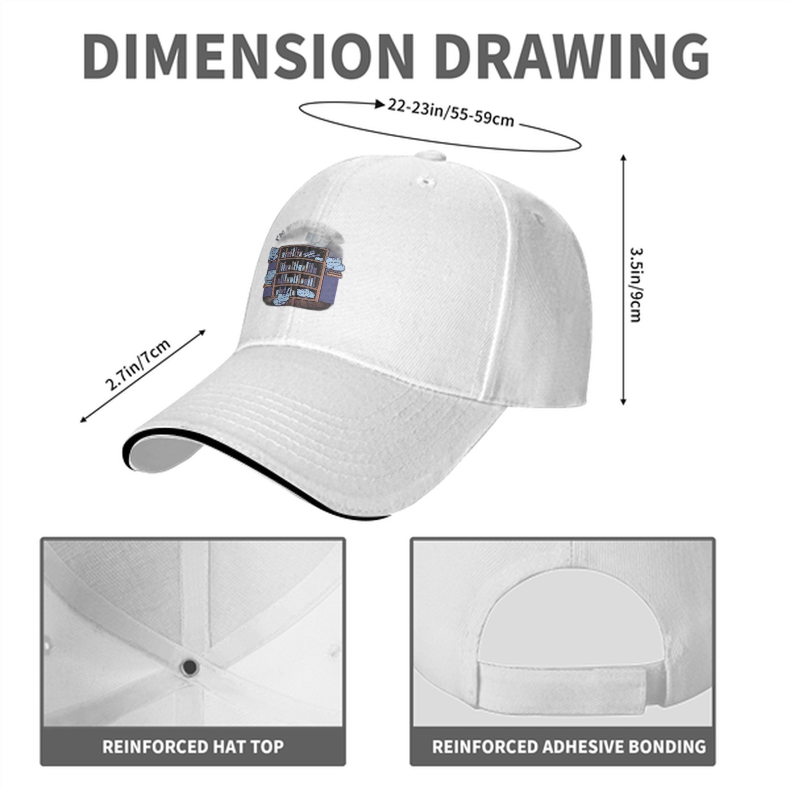 Black baseball cap with cute cats on bookshelf graphic