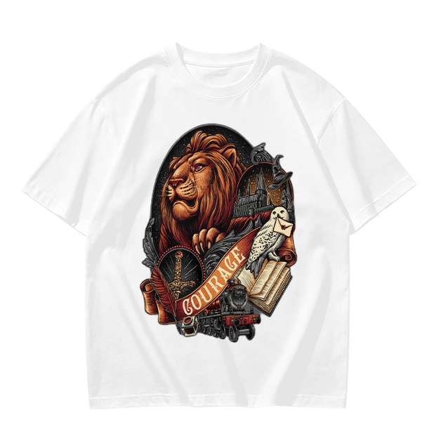 Olive T-Shirt With Lion Courage Themed Fantasy Art Print