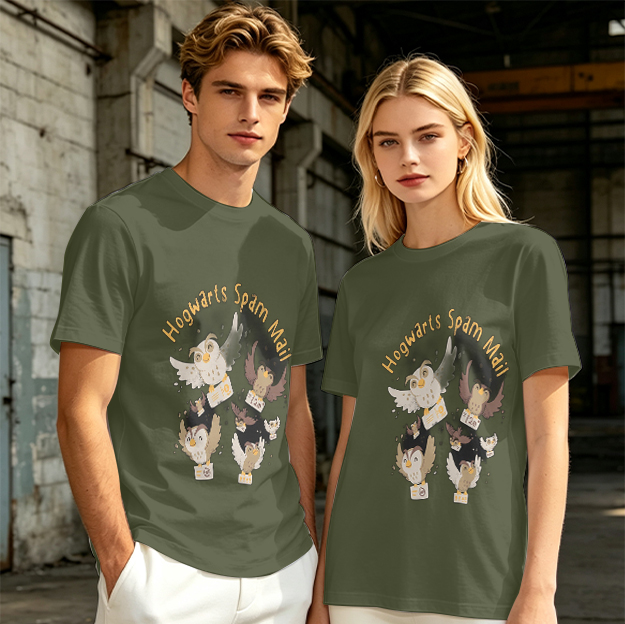 Olive t-shirt with Hogwarts Spam Mail owl graphic print
