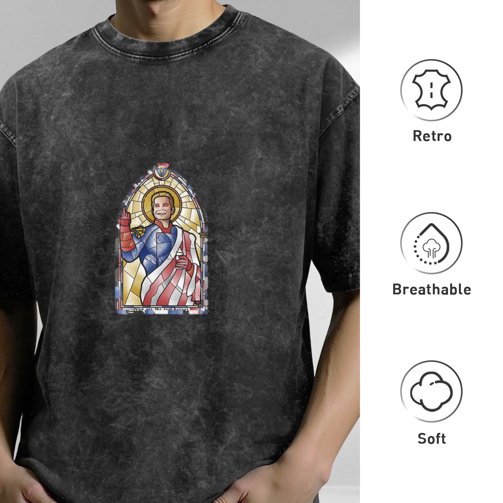 Washed black t-shirt with stained glass style superhero print