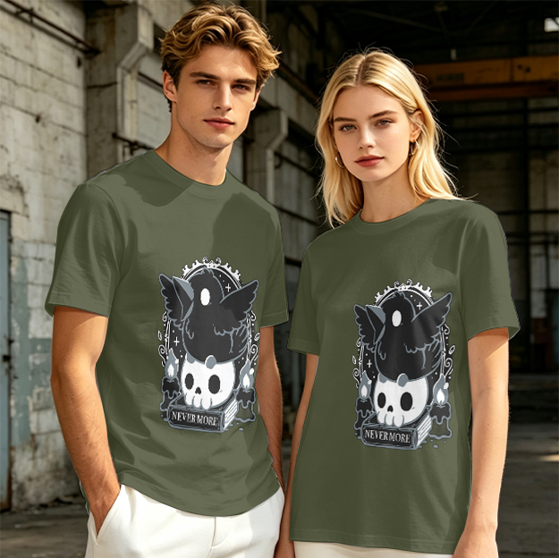 Olive Graphic T-Shirt With Raven Skull Nevermore Print