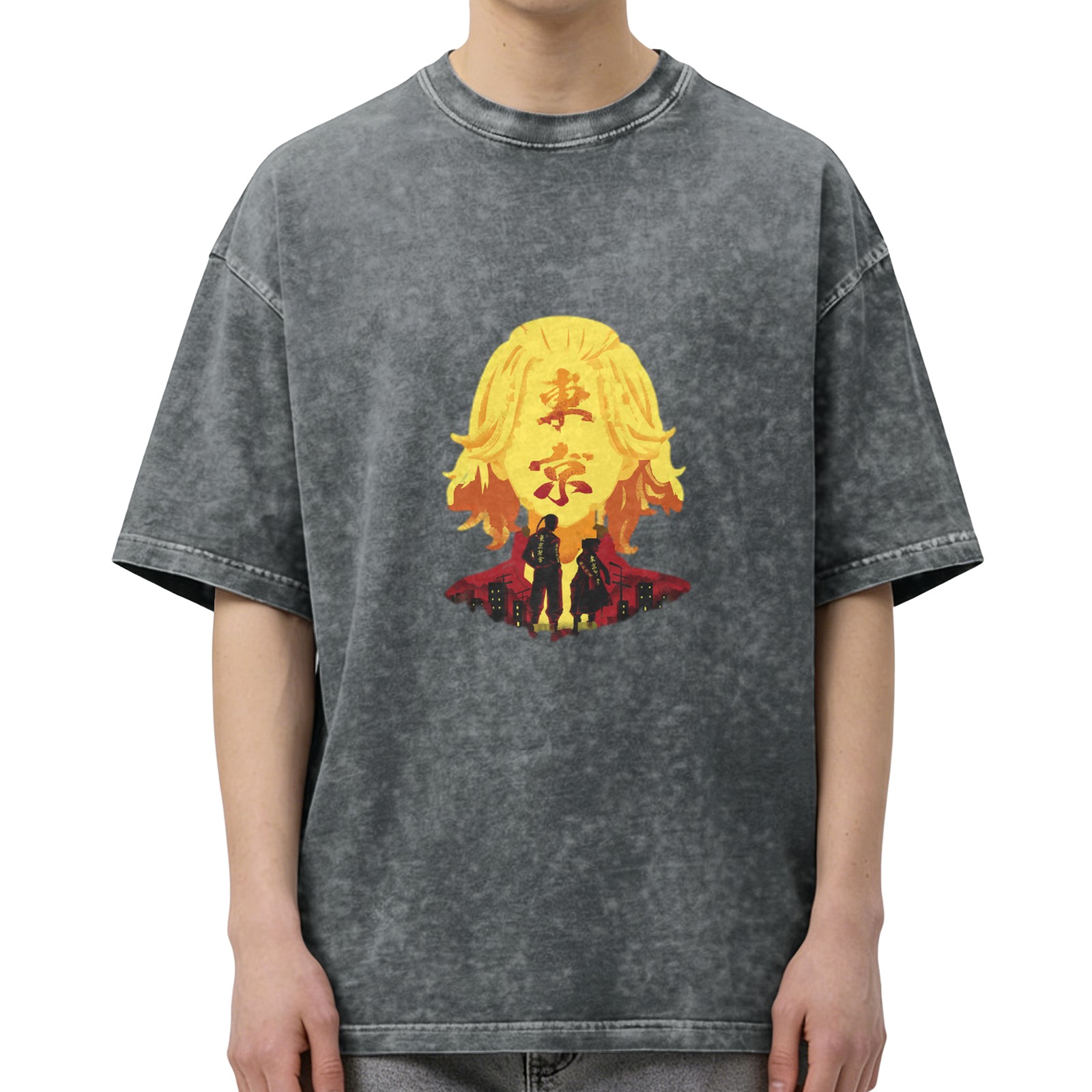 Tokyo Avengers anime theme washed distressed black loose short-sleeved T-shirt