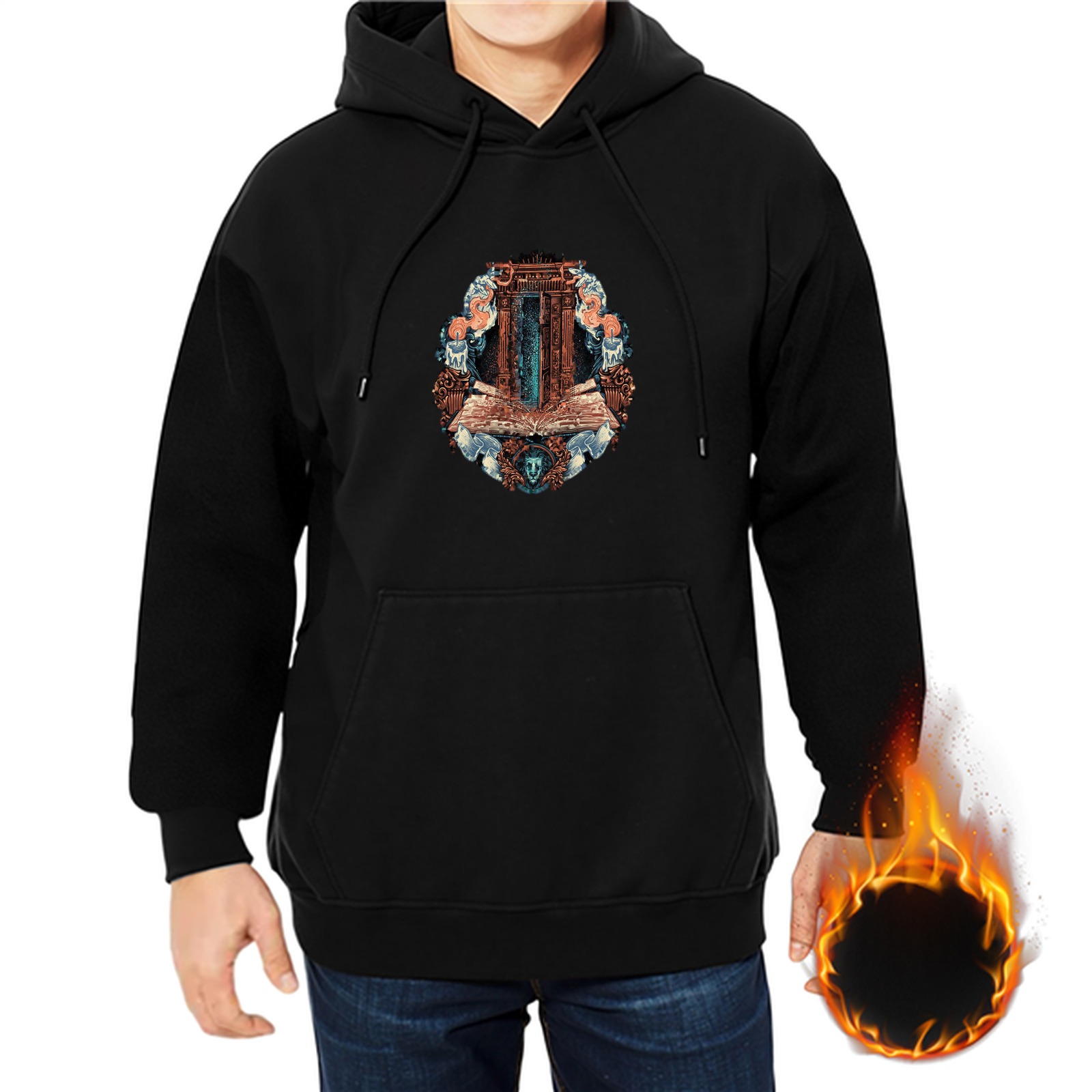 Black Hoodie With Ancient Architectural Portal Graphic Print