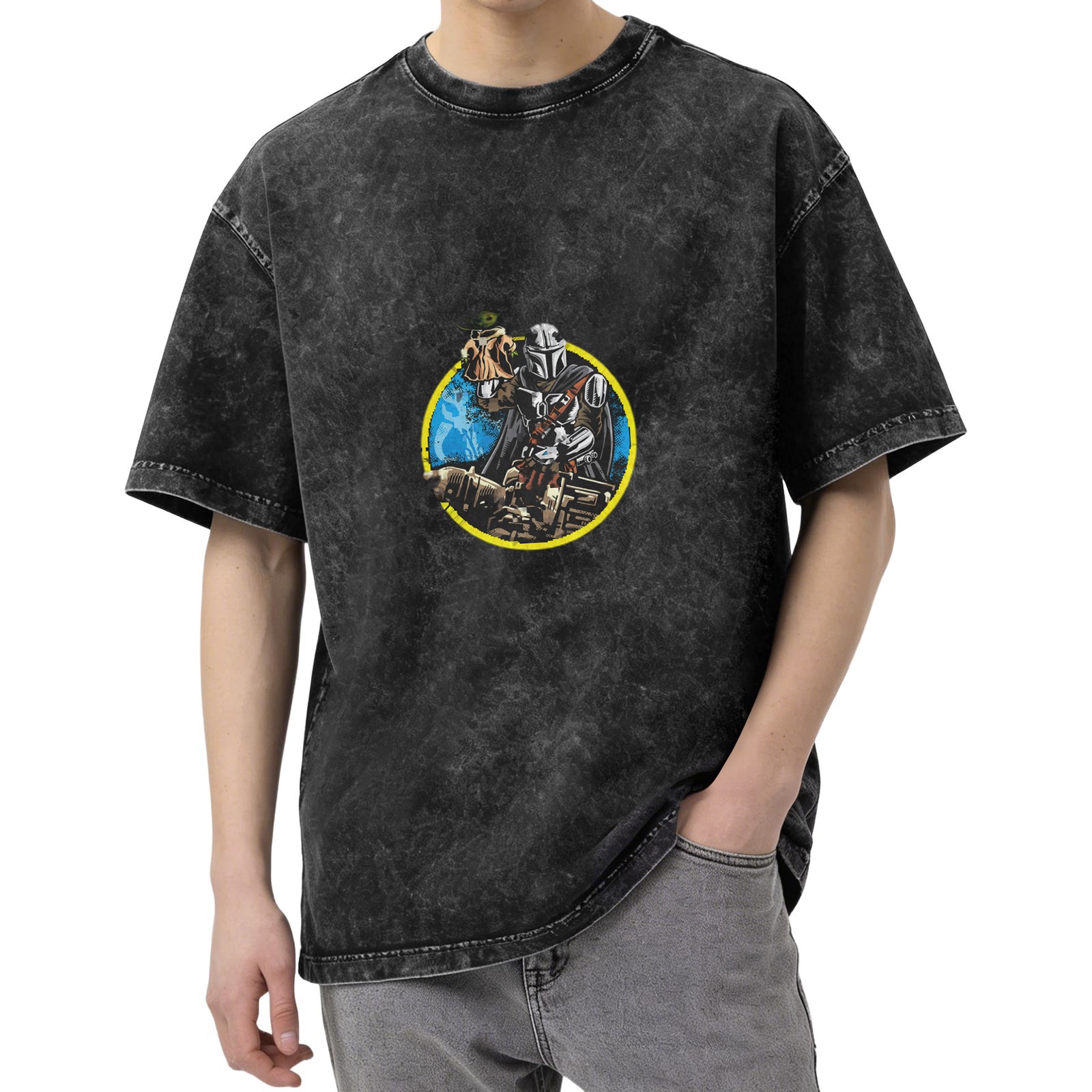 Washed Black T-Shirt With Mandalorian And Child Graphic