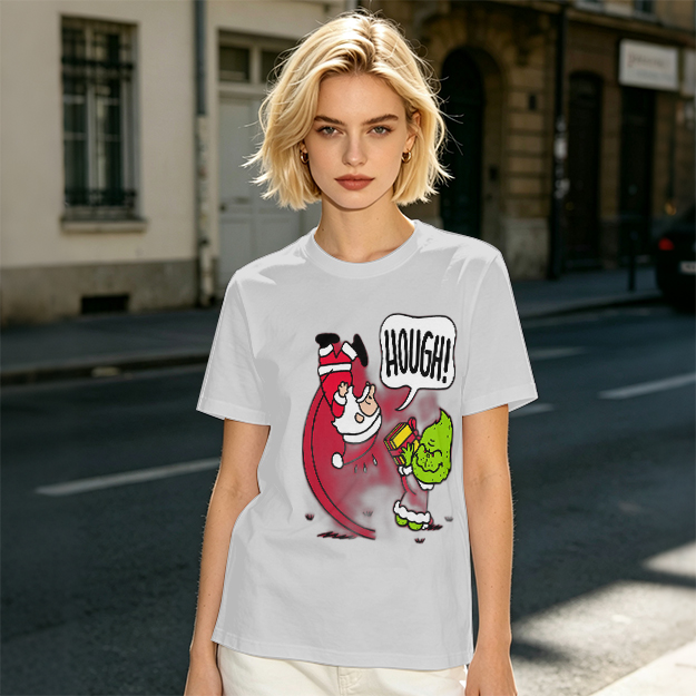 Olive Christmas T-Shirt With Grinch Lifting Santa Claus Print