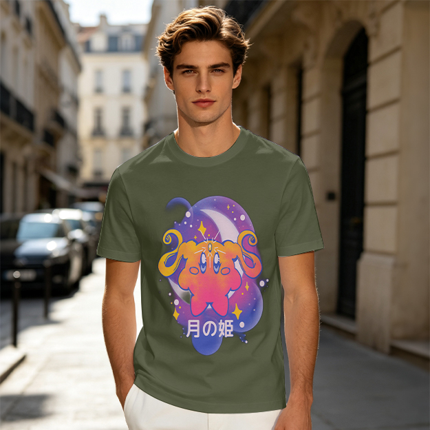 Olive t-shirt with cosmic cat and moon graphic print