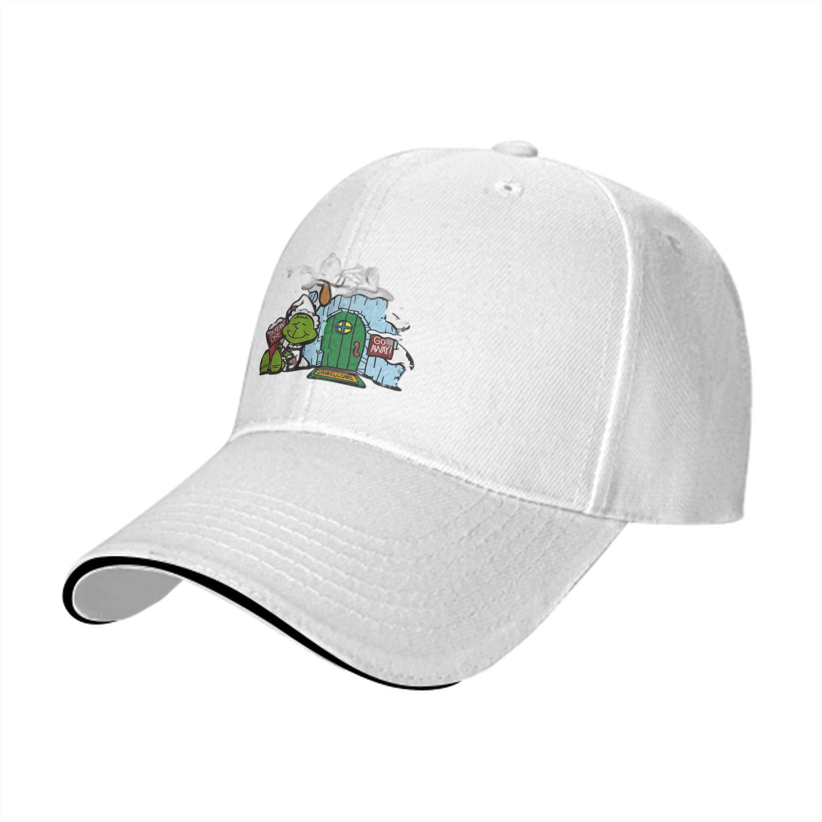 Black baseball cap with Grinch-themed holiday door print
