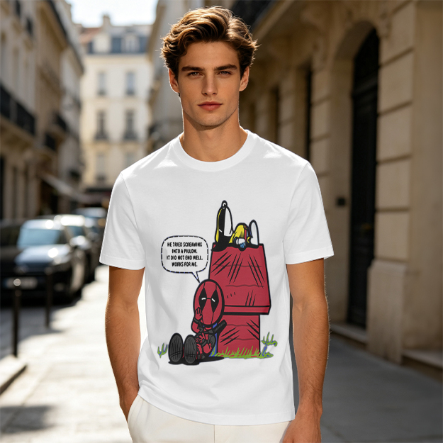 Olive t-shirt with Deadpool and Snoopy mashup graphic