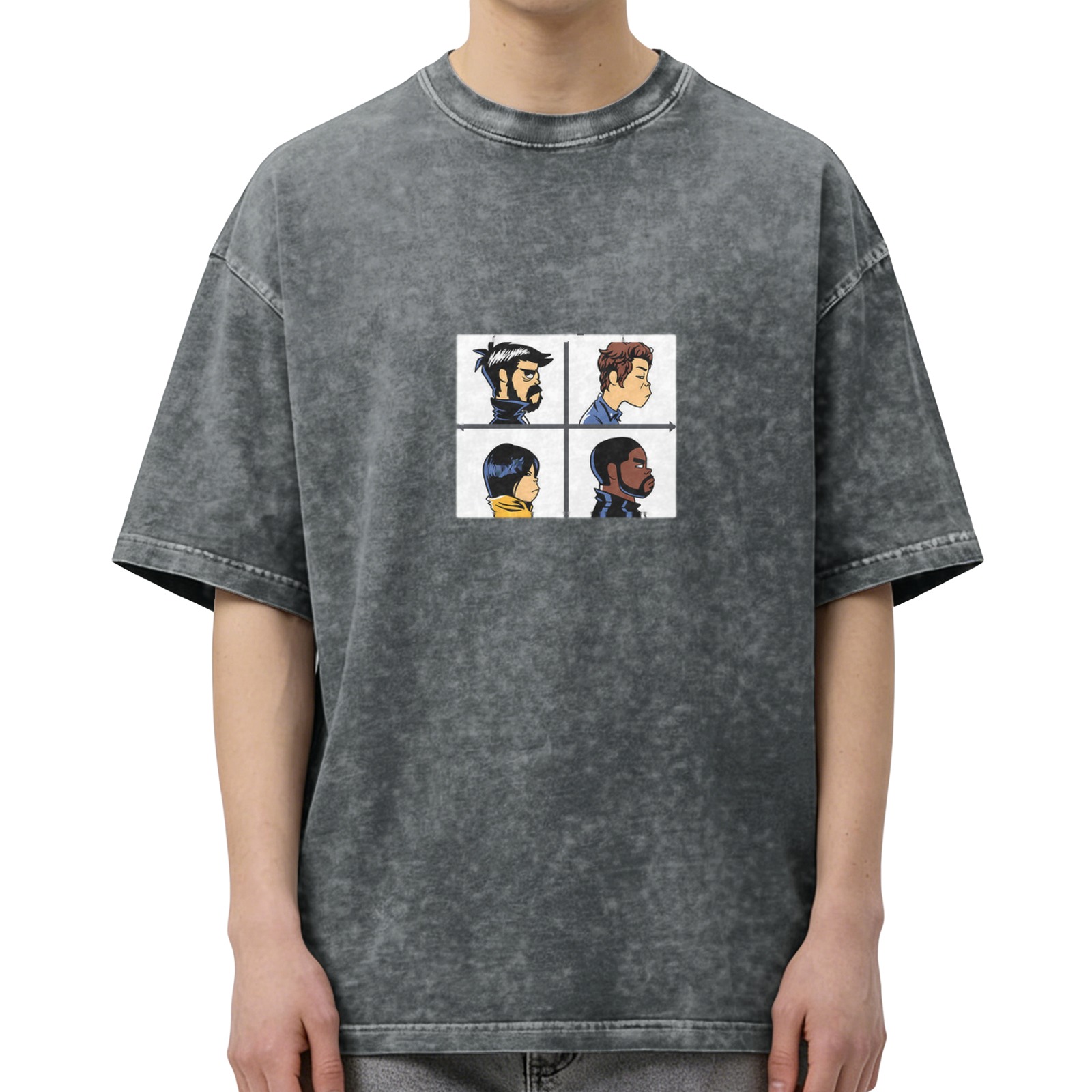 Distressed black short-sleeved T-shirt, four-frame cartoon character print, loose casual top