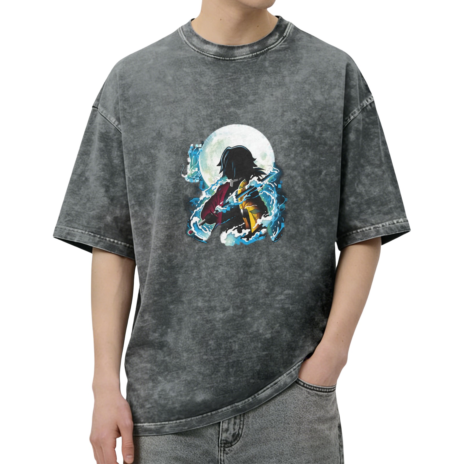 Demon Slayer: Kimetsu no Yaiba Tomioka Giyuu themed washed and distressed loose short-sleeved T-shirt