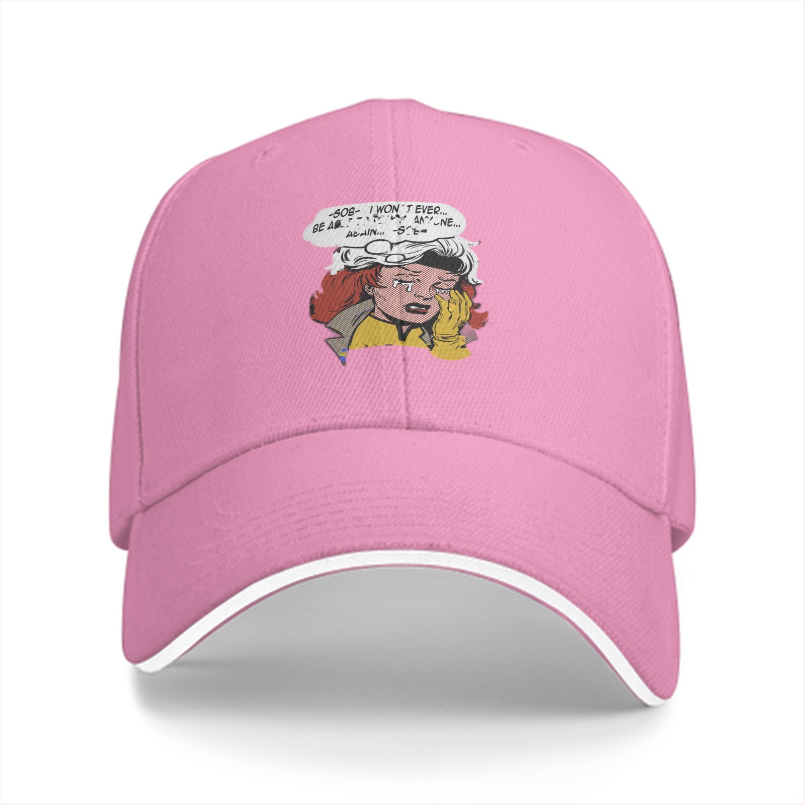Black baseball cap with crying comic character print
