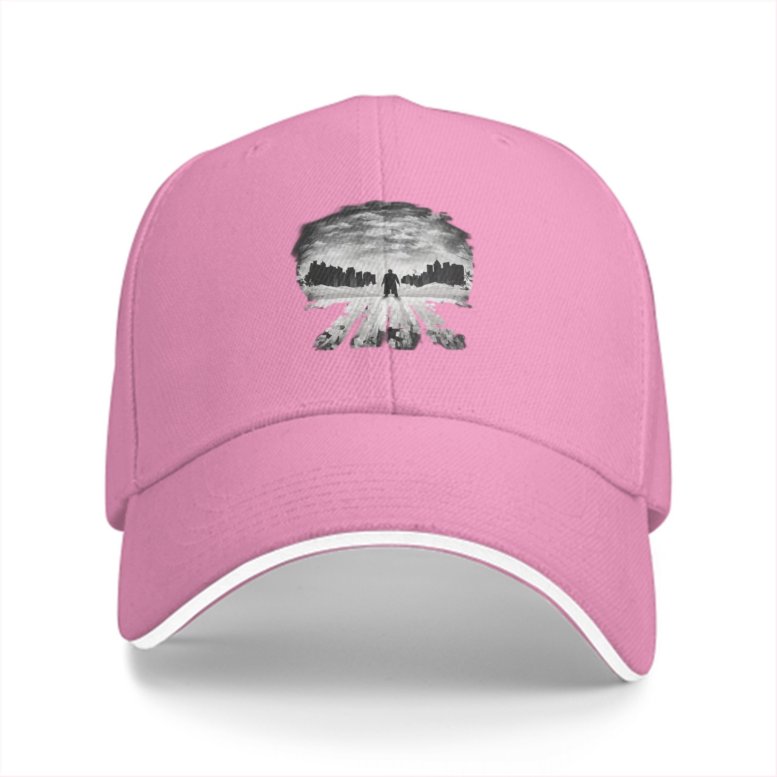 Black baseball cap with Punisher skull cityscape graphic