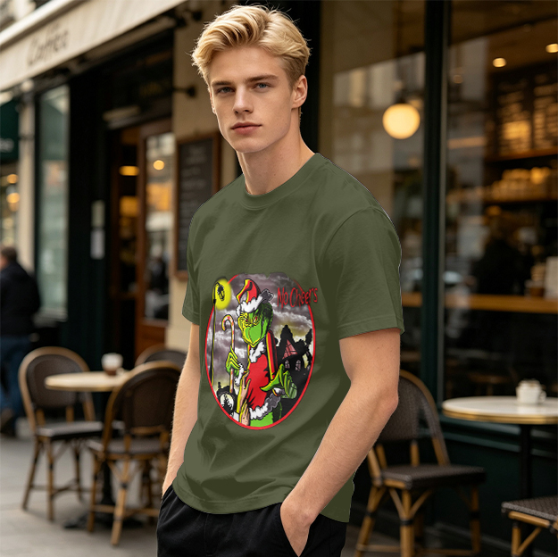 Olive T-shirt with Grinch 'No Cheers' Christmas Graphic Print