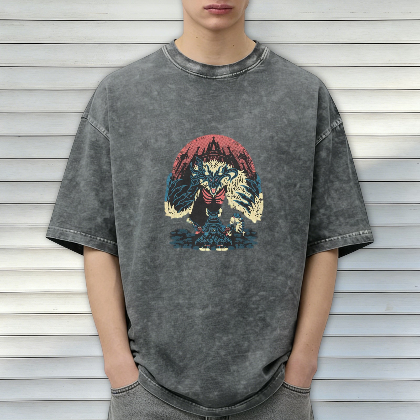Washed Black Graphic T-Shirt With Fantasy Monster Castle Print