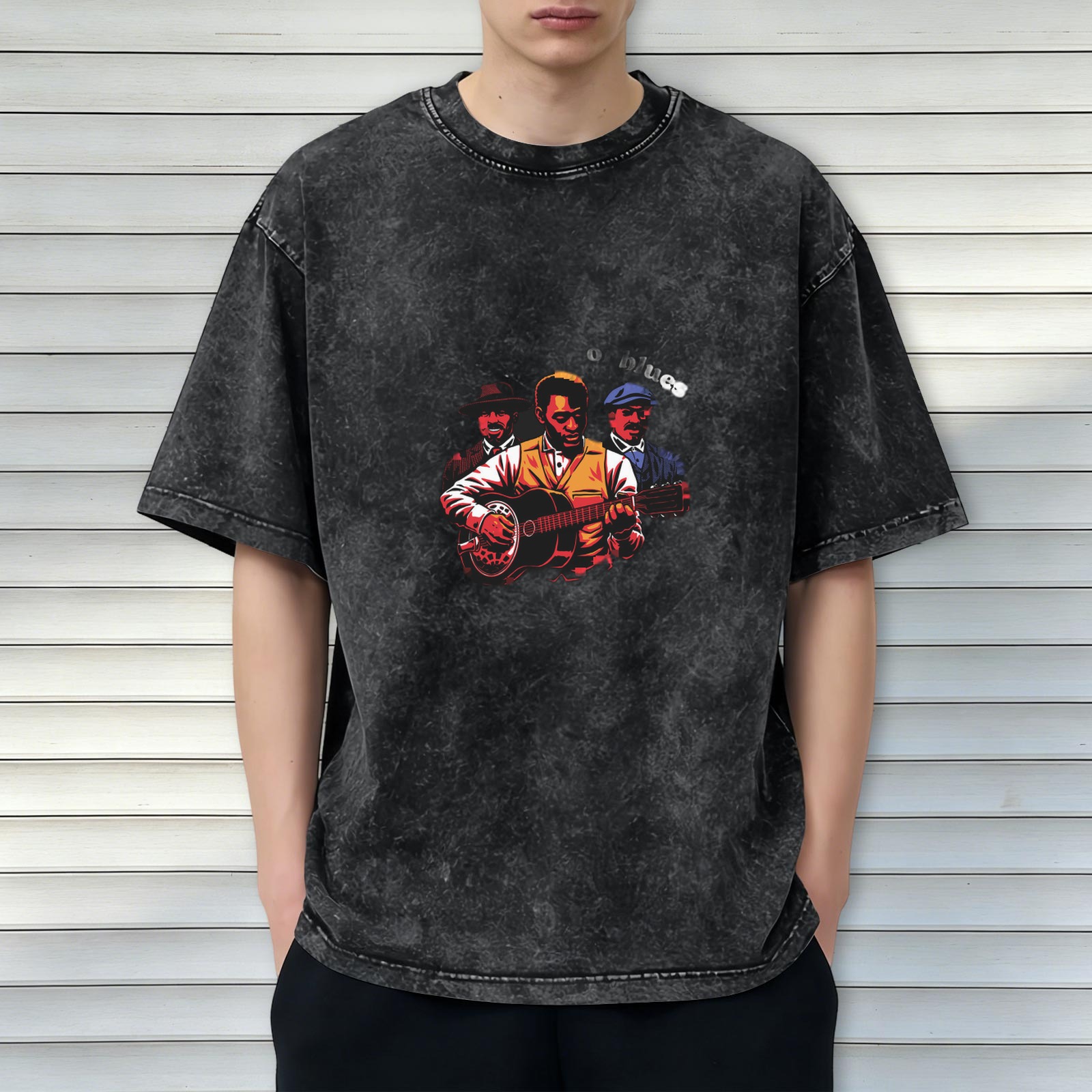 Washed Black Graphic Tee with Blues Musician Illustration